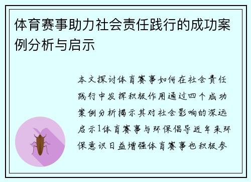 体育赛事助力社会责任践行的成功案例分析与启示