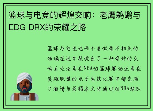 篮球与电竞的辉煌交响：老鹰鹈鹕与EDG DRX的荣耀之路